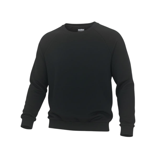 Machine Clothing Company black crewneck sweatshirt with raglan sleeves, ribbed cuffs and hem. Made from a soft, breathable, sweat-wicking blend.