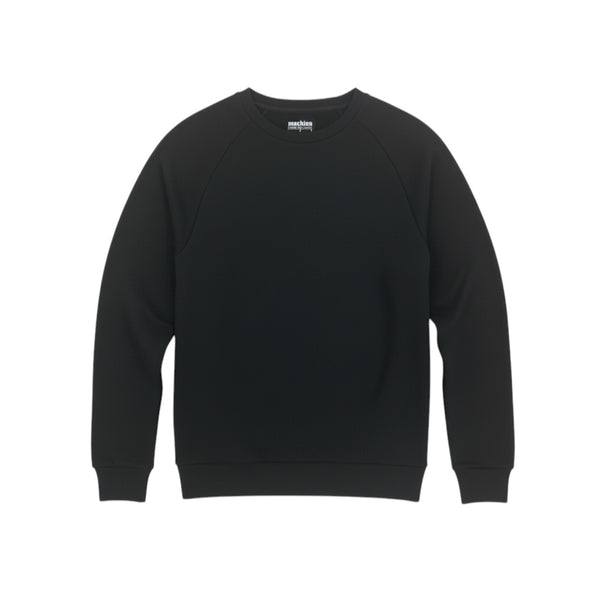 Machine Clothing Company black crewneck sweatshirt with raglan sleeves, ribbed cuffs and hem. Made from a soft, breathable, sweat-wicking blend.