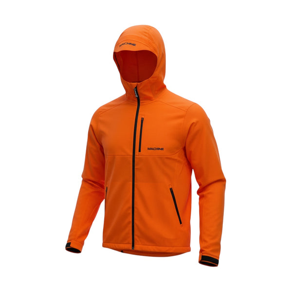Machine Clothing Company orange water repellent windbreaker jacket with hood, chest pocket, and velcro cuffs.