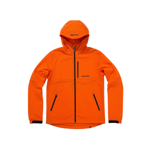 Machine Clothing Company orange water repellent windbreaker jacket with hood, chest pocket, and velcro cuffs.