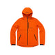 Machine Clothing Company orange water repellent windbreaker jacket with hood, chest pocket, and velcro cuffs.