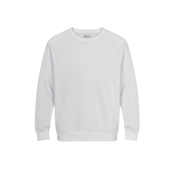 Machine Clothing Company white crewneck sweatshirt with raglan sleeves, ribbed cuffs and hem. Made from soft, stretchy, breathable, sweat-wicking French terry.